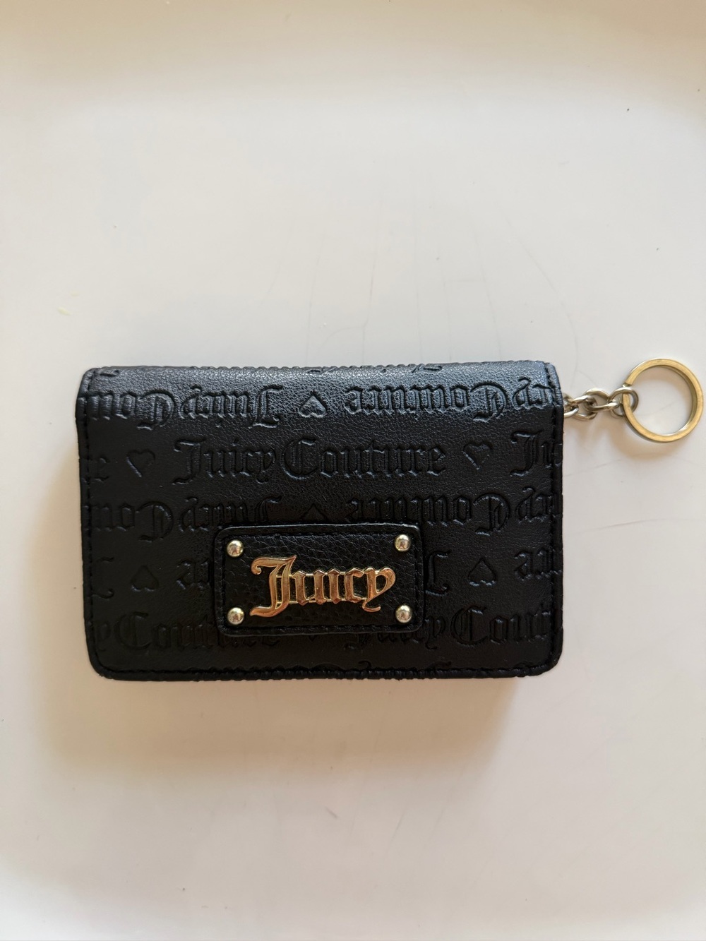 Juicy Couture Black Embossed Zip Keyring Wallet with Gold Plaque Y2k